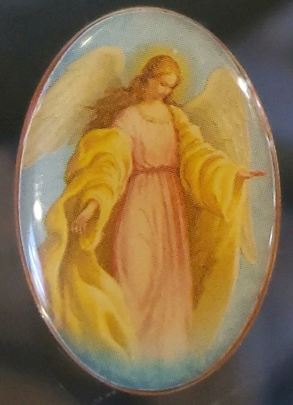 Vintage Guardian Angel Lapel Pin Oval Gold Tone Pictorial 1.15"